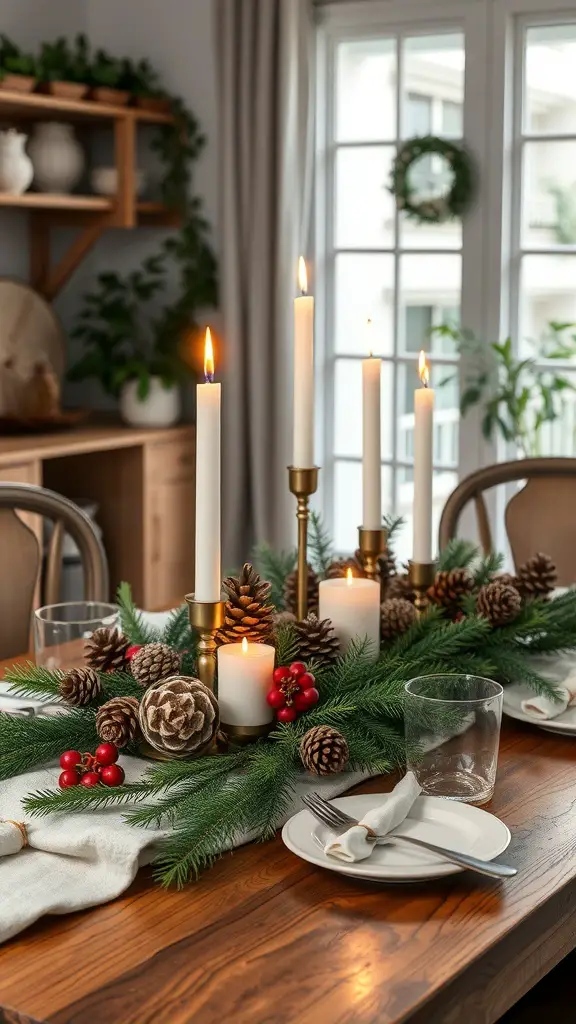 A rustic Christmas centerpiece featuring pinecones, candles, and greenery on a kitchen table.