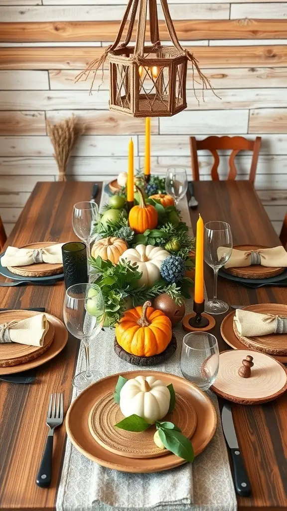A rustic Friendsgiving tablescape featuring pumpkins, greenery, and warm candlelight.