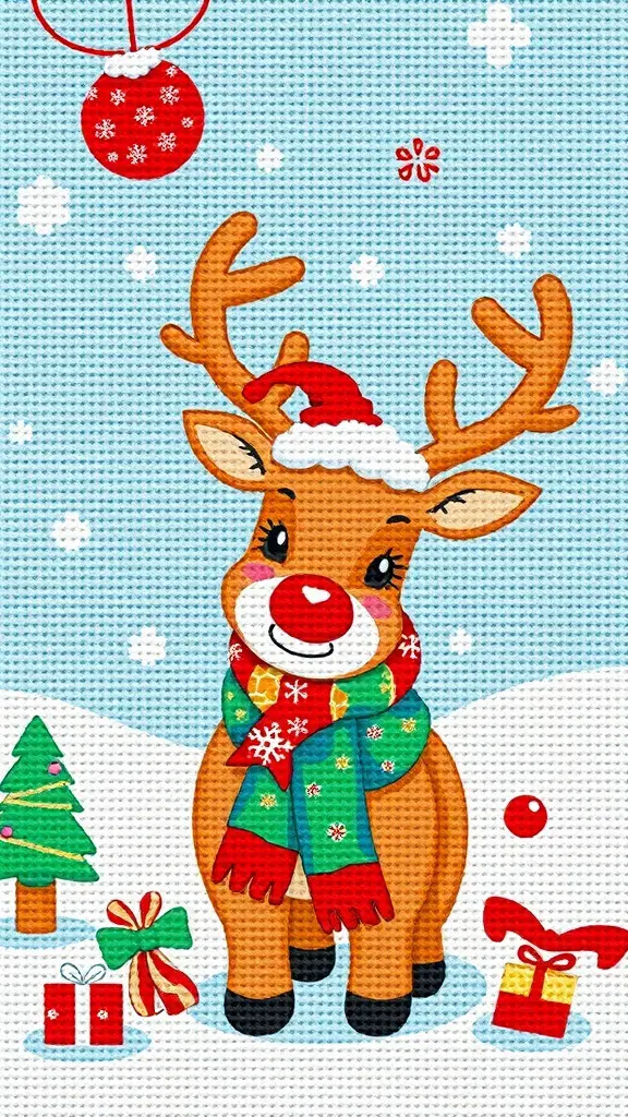 27+ Festive Christmas Cross Stitch Patterns to Brighten Your Holiday Season 6 A cute reindeer wearing a Santa hat and scarf, surrounded by gifts and a Christmas tree.