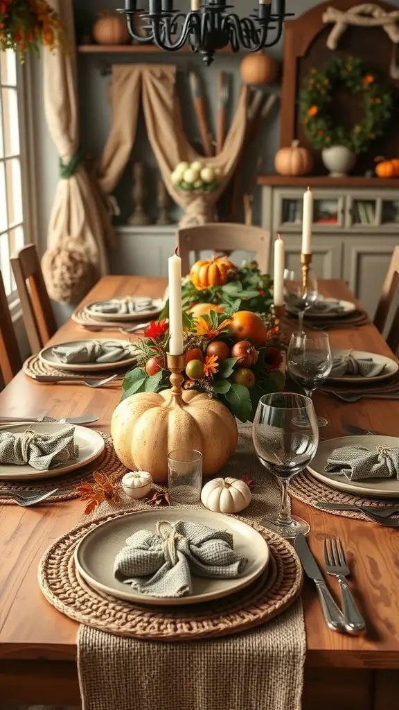 A rustic Thanksgiving dinner table setting with pumpkins, greenery, and candles.