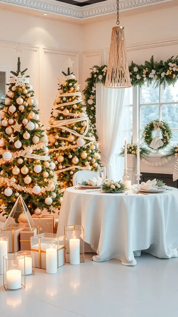 A cozy Christmas setting with white and gold decor, featuring decorated trees, a dining table, and candles.
