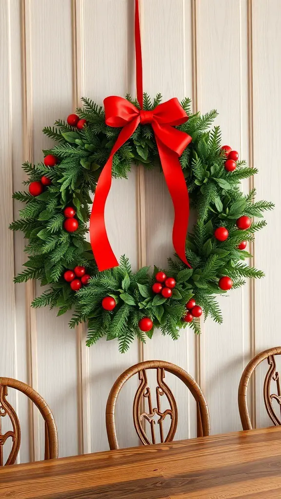 A festive holiday wreath with red ornaments and a bow, hanging on a wall.