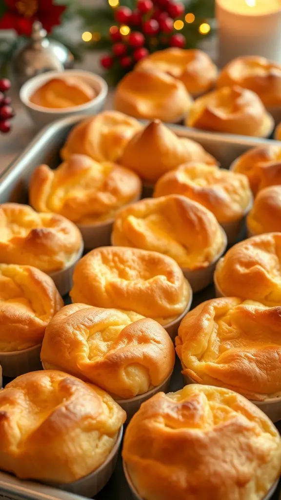25+ Must-Have Dishes for Your Christmas Dinner Buffet 15 A tray of freshly baked Yorkshire puddings, golden and fluffy, ready to be served at a Christmas dinner buffet.