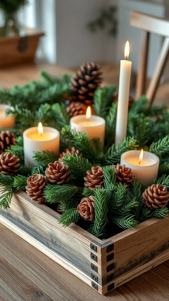 A rustic wood tray filled with evergreen branches, pinecones, and white candles, creating a cozy Christmas centerpiece.