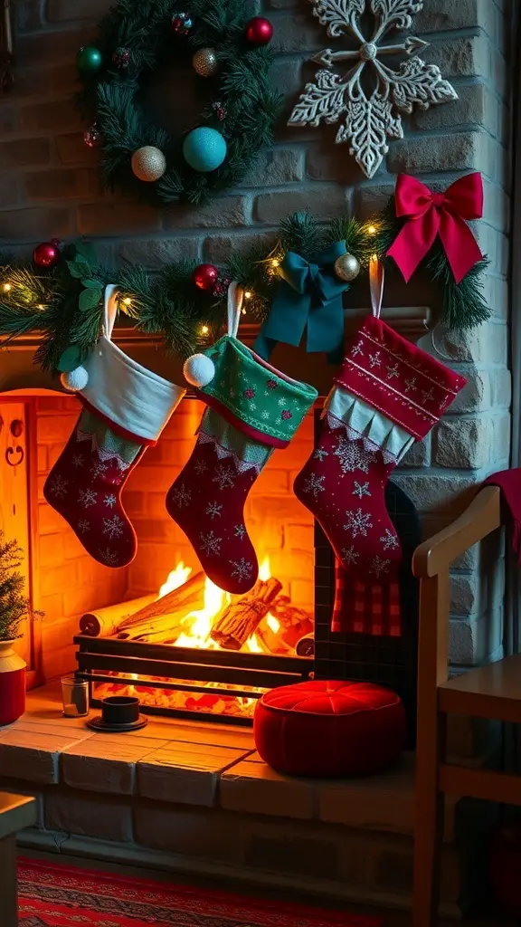 A cozy fireplace with colorful stockings hanging above, surrounded by festive decorations.