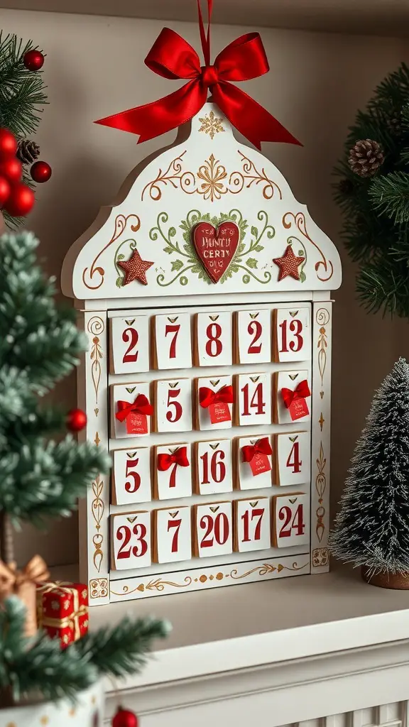 A decorative advent calendar with red bows and gold accents, surrounded by holiday decor.