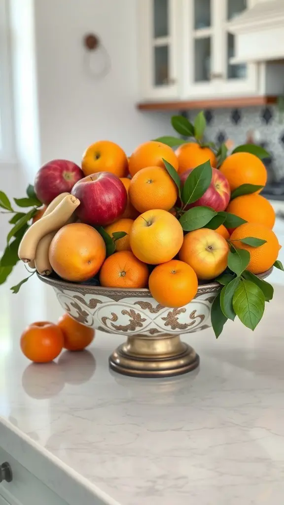 A decorative bowl filled with oranges, apples, and bananas on a kitchen island.