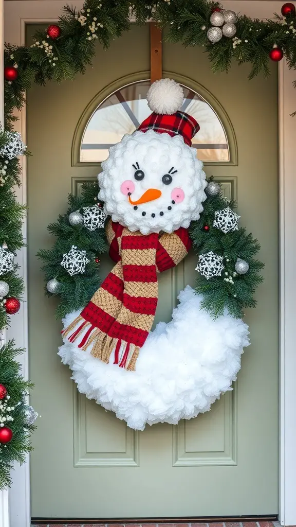 A whimsical snowman wreath featuring a fluffy snowman with a plaid hat and striped scarf, surrounded by green garlands and ornaments.