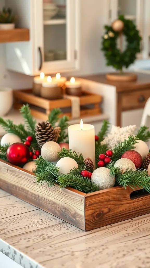 A wooden tray filled with Christmas decorations including a candle, ornaments, and pinecones.