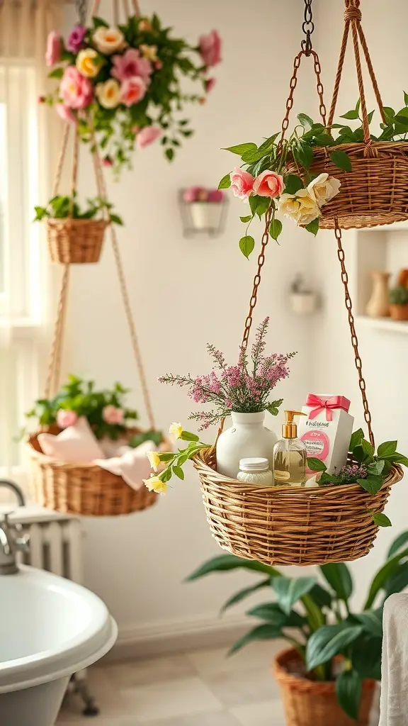 25+ Stylish Bathroom Wall Basket Ideas for Every Space 6 Vintage style hanging baskets with flowers and toiletries in a bathroom setting