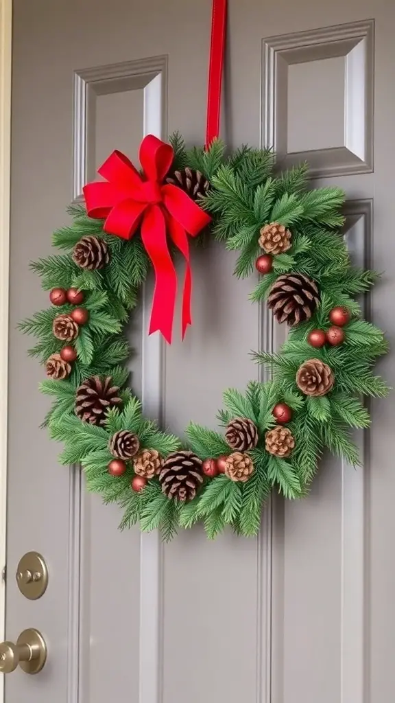 A festive wreath made with faux greenery, pinecones, and a red bow, hanging on a door.