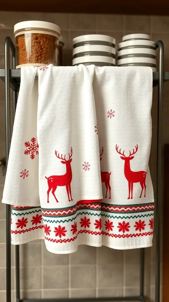 Holiday-themed dish towels with red reindeer and snowflakes hanging in a kitchen