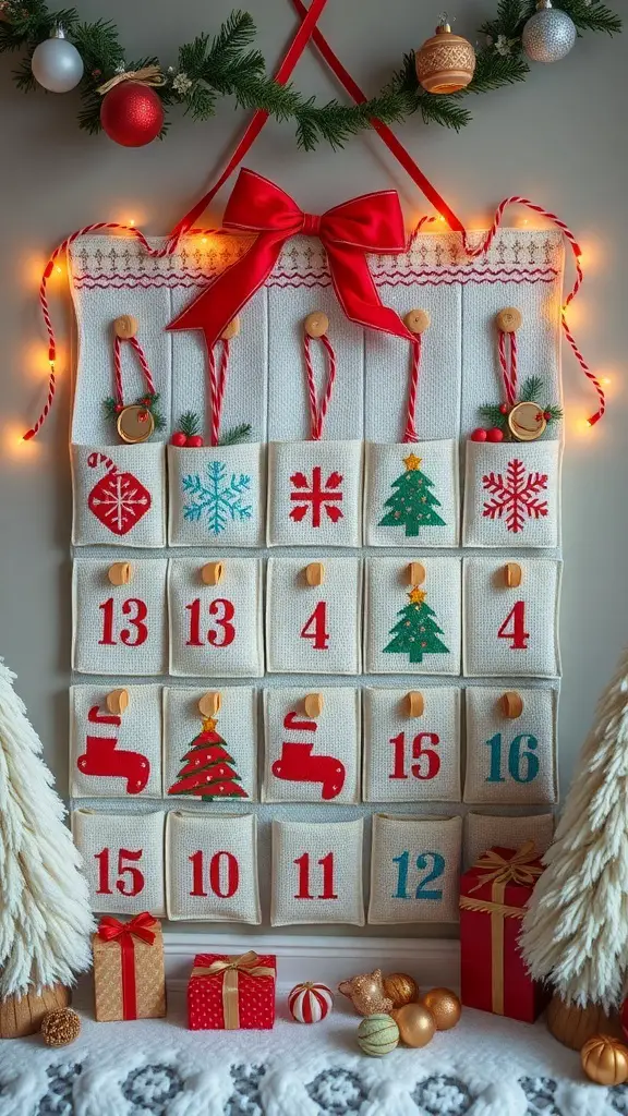 27+ Festive Christmas Cross Stitch Patterns to Brighten Your Holiday Season 7 A festive advent calendar with pockets for each day leading up to Christmas, decorated with various holiday designs.