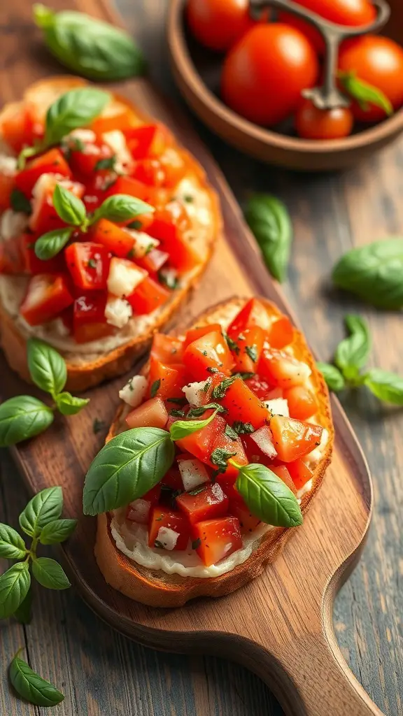 Two slices of bruschetta topped with diced tomatoes and basil on a wooden board, with fresh tomatoes in a bowl nearby.