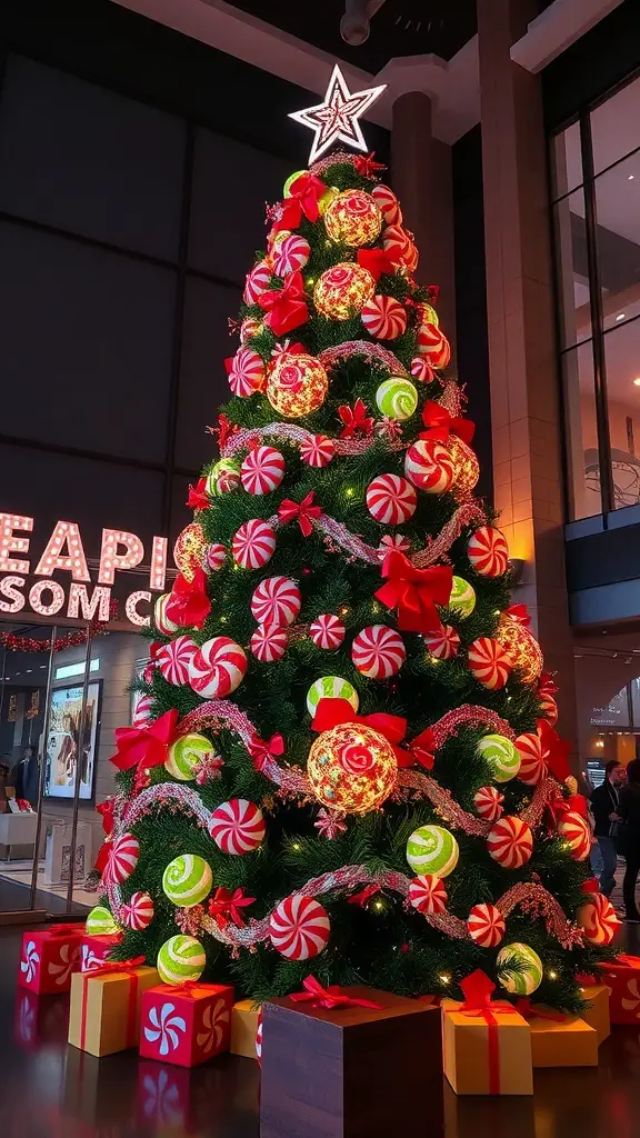 A beautifully decorated Christmas tree with peppermint-themed ornaments and bright red bows.