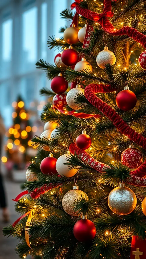 A beautifully decorated Christmas tree with red and gold ornaments and warm lights.