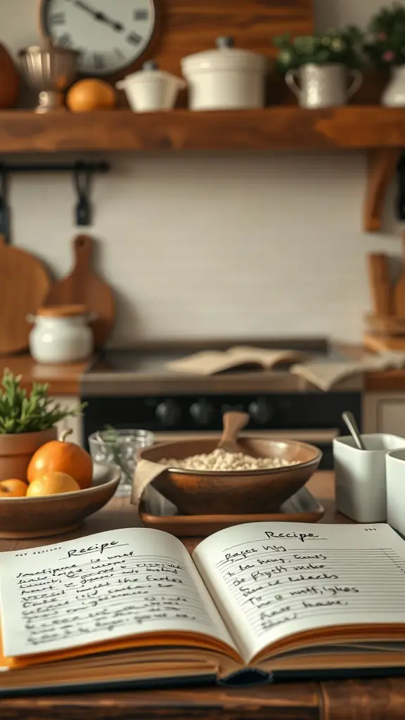 An open recipe book with handwritten recipes, surrounded by fresh ingredients in a cozy kitchen.