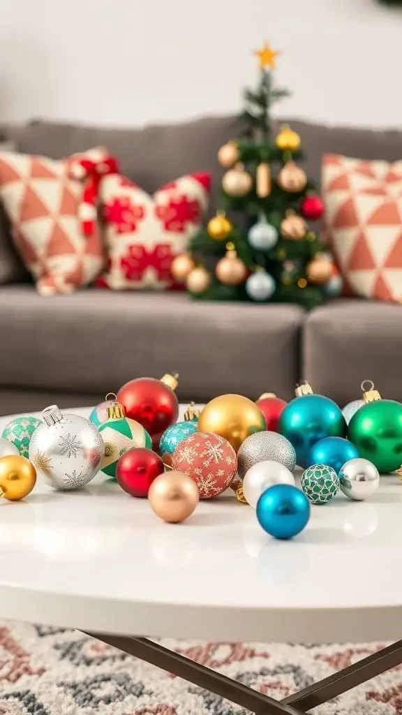 A cozy living room with a small Christmas tree and colorful ornaments on a coffee table.