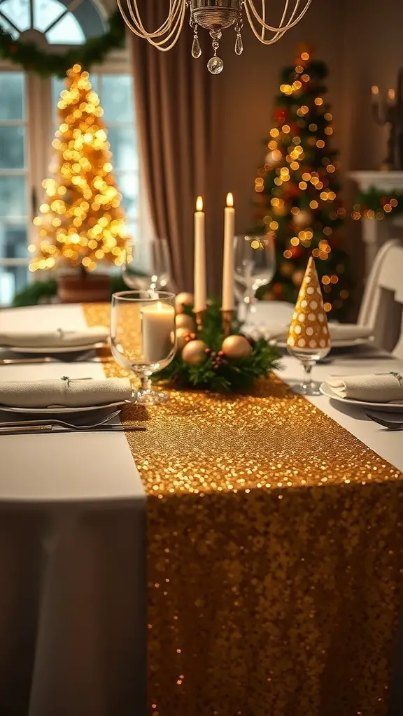 29+ Stunning Christmas Table Runner Ideas for a Festive Holiday Table 6 A beautifully set Christmas table featuring a gold sequin table runner, candles, and festive decorations.