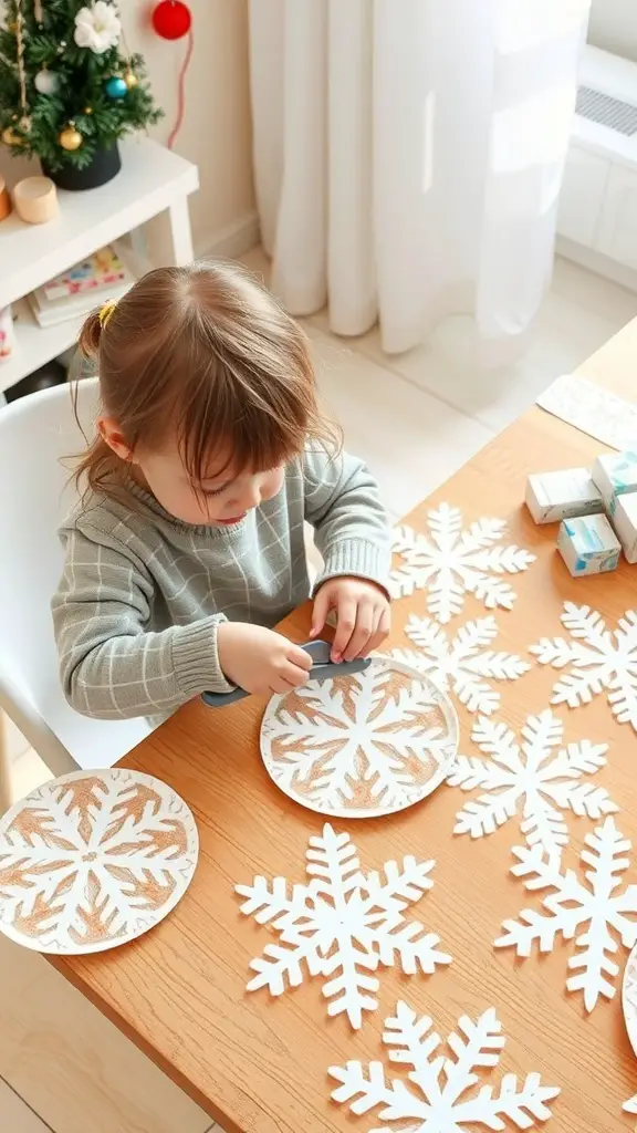 A child making paper plate snowflakes at a table, with snowflakes scattered around.