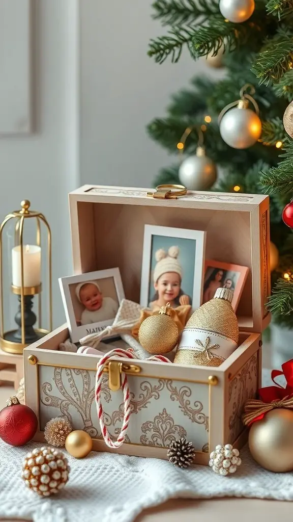 A personalized keepsake box filled with photos and ornaments, surrounded by Christmas decorations.