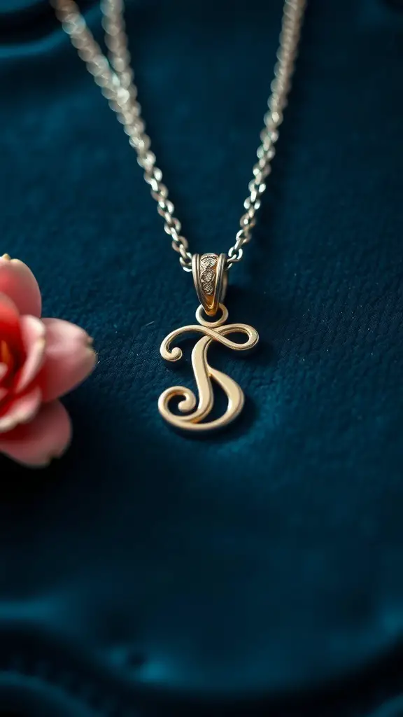 A close-up of a gold necklace with an initial pendant on a blue background, next to a pink flower.