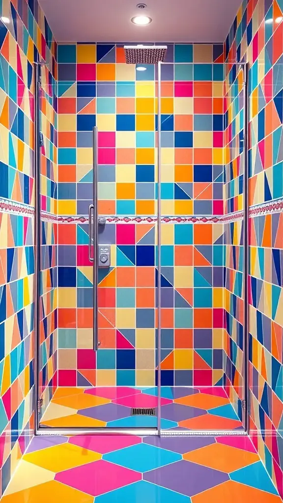 27+ Stunning Shower Tile Ideas to Transform Your Bathroom 7 A colorful shower with bold geometric tile patterns in various shapes and colors.