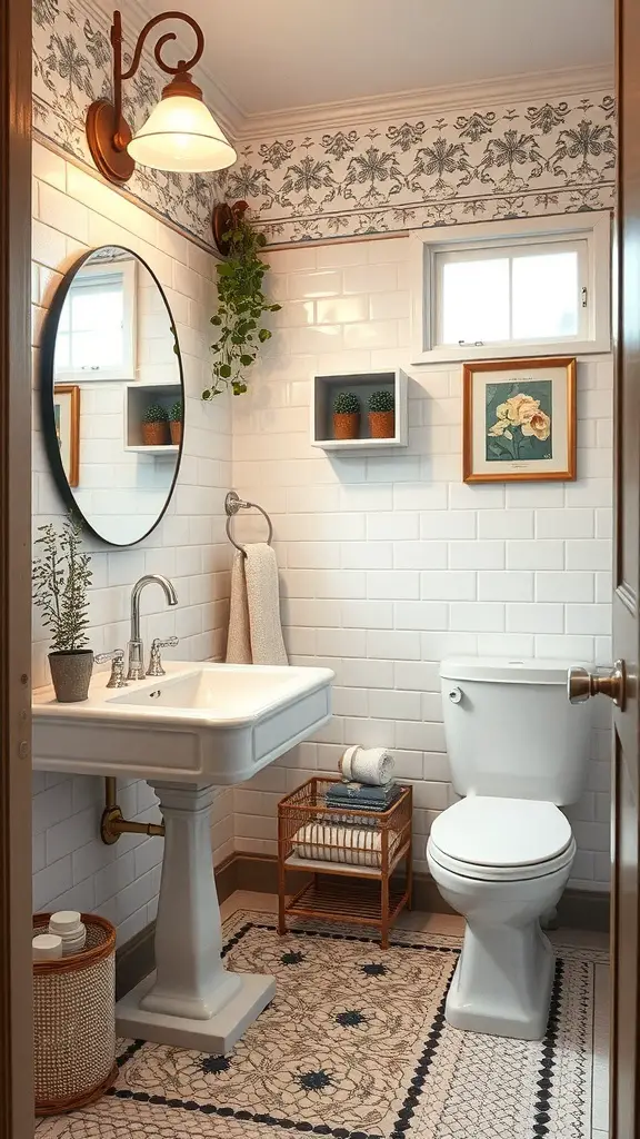 25+ Chic Half Bathroom Ideas to Refresh Your Space 5 A vintage-style half bathroom featuring white subway tiles, decorative wallpaper, a round mirror, and a pedestal sink.