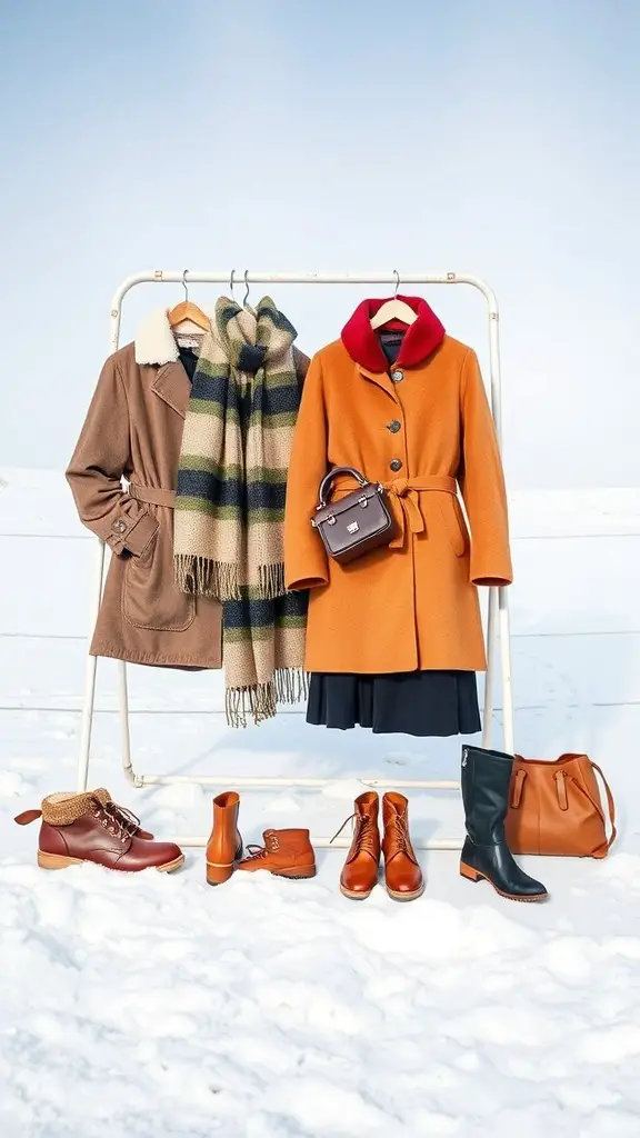 29+ Must-Have Christmas Wishlist Ideas for Everyone 2 A display of stylish winter apparel including coats, scarves, boots, and a handbag on a snowy background.