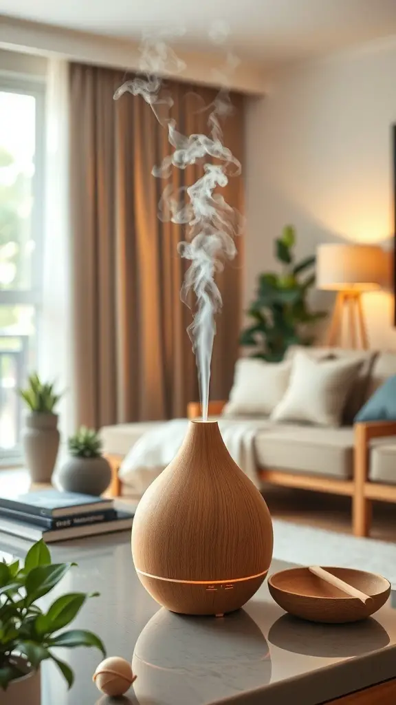 A wooden essential oil diffuser emitting steam in a cozy living room setting.
