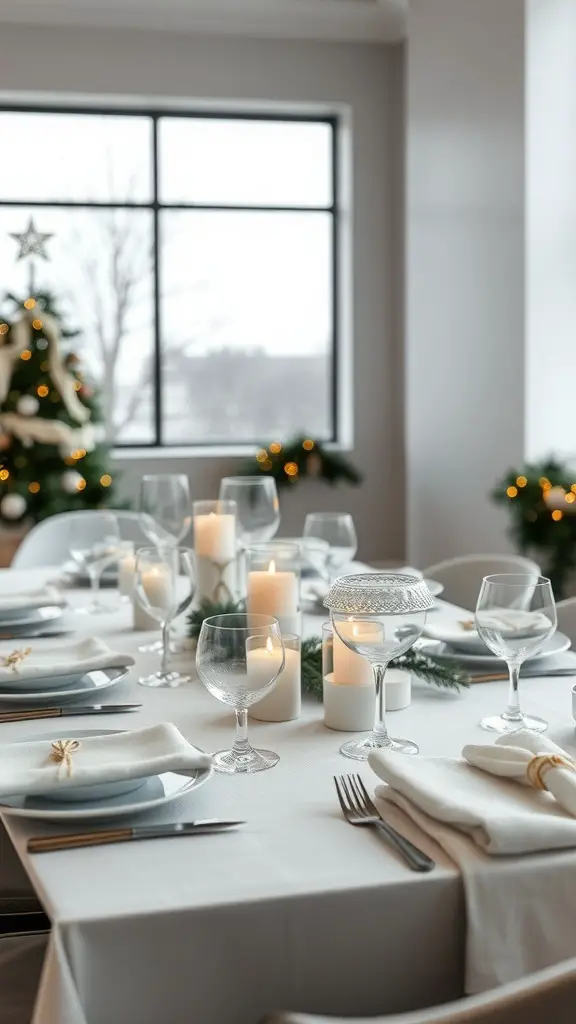 A modern minimalist Christmas dinner table setting with white tablecloth, glassware, and candles.