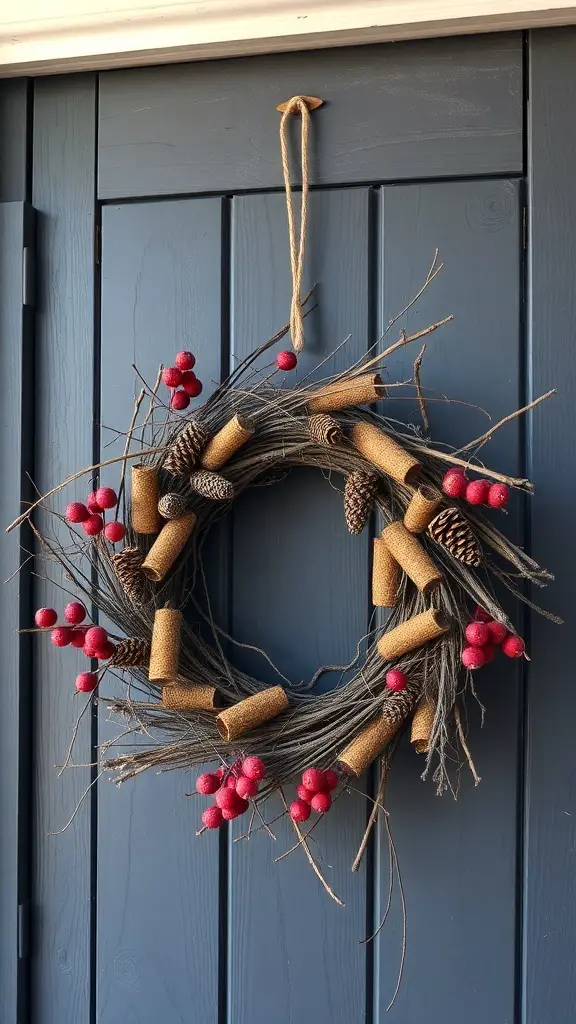 A rustic wreath made of twigs, pinecones, and red berries, hanging on a blue door.