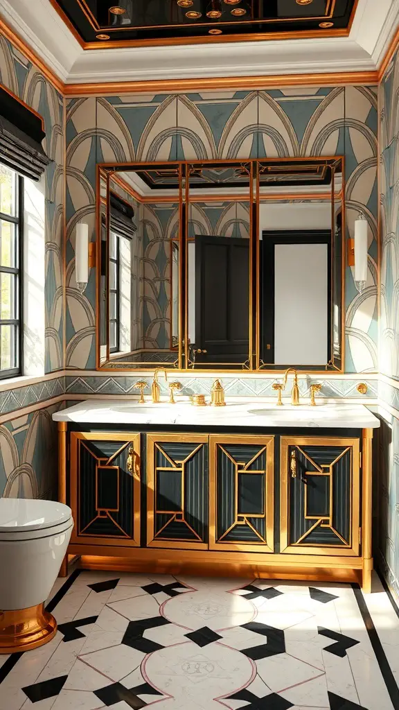 29+ Stunning Bathroom Vanity Ideas You’ll Love 15 Art Deco inspired bathroom vanity with gold accents and geometric patterns