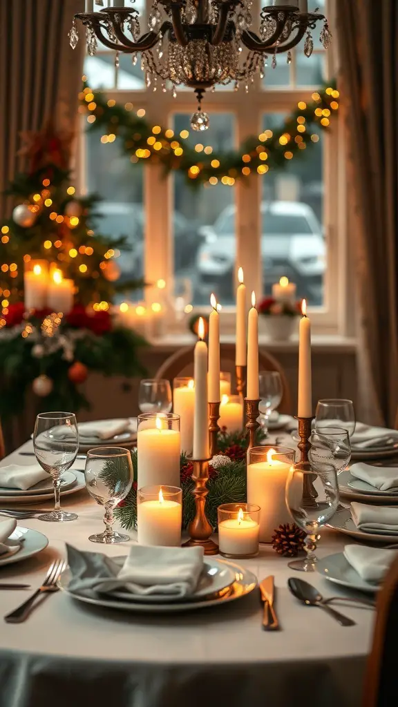 A beautifully set Christmas dinner table with candles, glassware, and festive decorations.