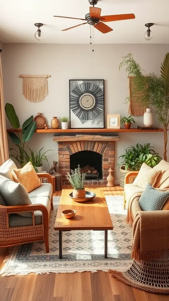 Cozy Boho living room with natural elements like plants, wooden furniture, and textured textiles.