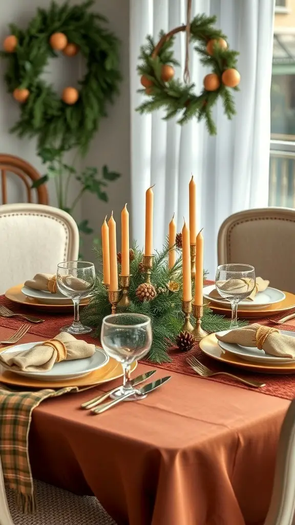 A cozy dining table set with earthy colors, featuring orange candles, a pine centerpiece, and green wreaths.