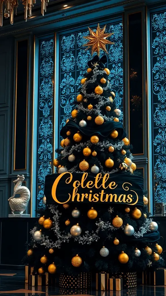 27+ Stunning Black Christmas Tree Ideas to Elevate Your Holiday Decor 11 A luxurious black Christmas tree decorated with gold and silver ornaments, featuring a star on top and a personalized sign.