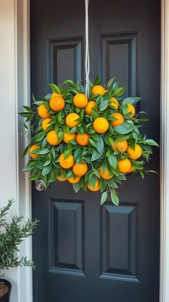 25+ Festive Christmas Swags Ideas for Your Front Door 3 A door swag made of greenery and oranges hanging on a dark door.