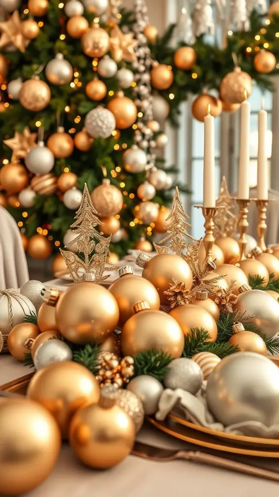 A festive arrangement of gold and silver ornaments on a table, with a decorated Christmas tree in the background.