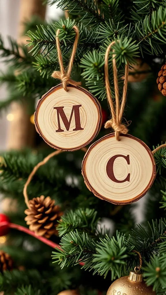 Wood slice ornaments with initials hanging on a Christmas tree