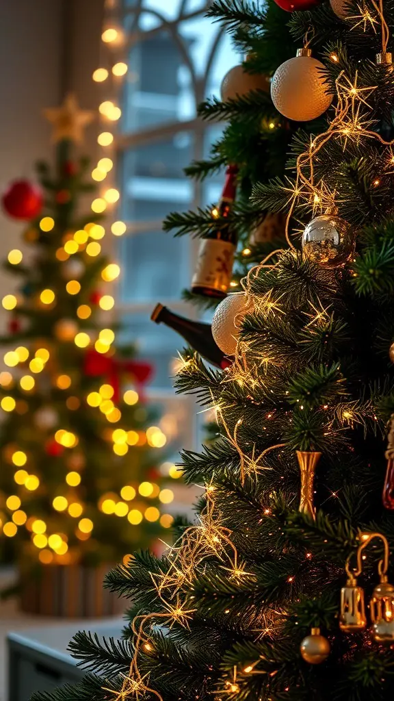 27+ Stunning Champagne Christmas Tree Ideas You Need to Try 2 A Christmas tree decorated with a sparkling wine garland and twinkling lights, featuring champagne bottles among the ornaments.