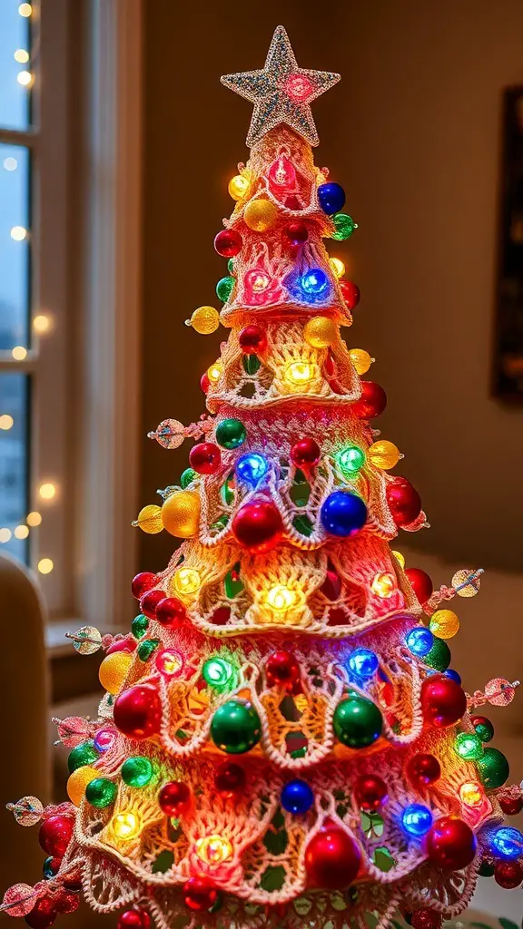 29+ Stunning Crochet Christmas Tree Ideas to Brighten Your Holiday Decor 8 A colorful crochet Christmas tree decorated with lights and beads.