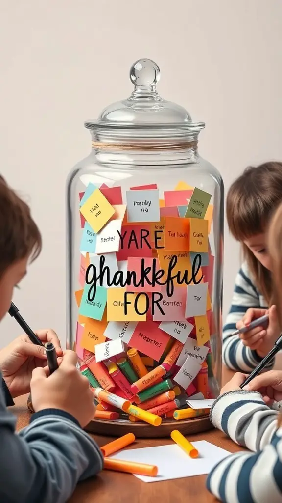 29+ Creative Thanksgiving Party Ideas to Celebrate in Style 10 Kids writing thankfulness notes for a Gratitude Jar activity