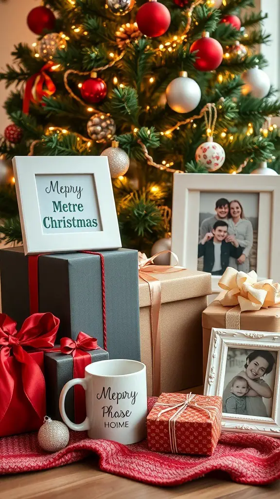 29+ Must-Have Christmas Wishlist Ideas for Everyone 9 A cozy Christmas scene with wrapped gifts, a personalized mug, and framed family photos.