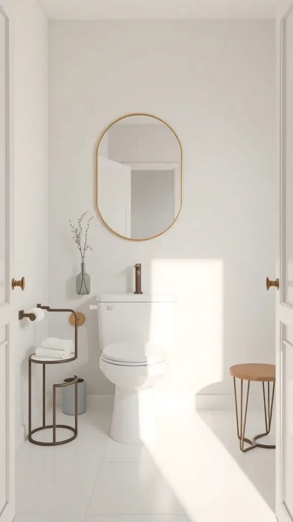 29+ Stunning Powder Room Ideas to Elevate Your Space 10 A minimalist powder room featuring a round mirror, a small stool, and a towel holder with soft lighting.