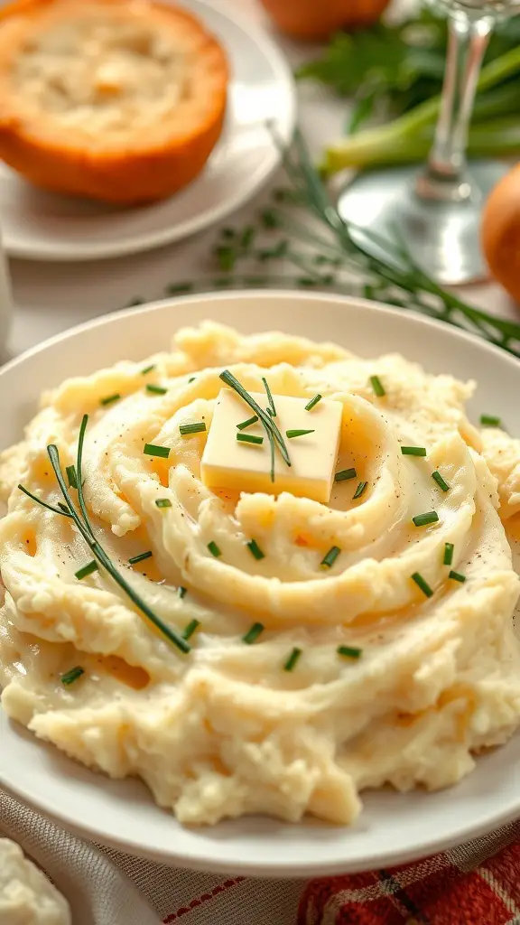 25+ Delicious Thanksgiving Dinner Ideas You Need to Try 3 A bowl of creamy garlic mashed potatoes topped with butter and chives