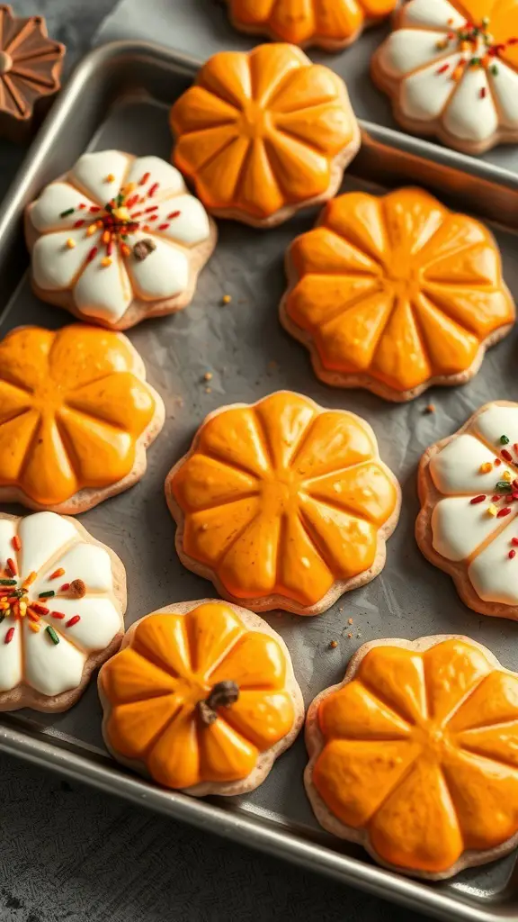 A tray of decorated pumpkin spice sugar cookies in various shapes and colors.