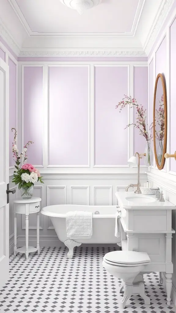 27+ Stunning Two-Tone Wall Paint Ideas to Transform Your Bathroom 10 A bathroom featuring classic white and soft lavender wall paint, with elegant fixtures and floral decor.