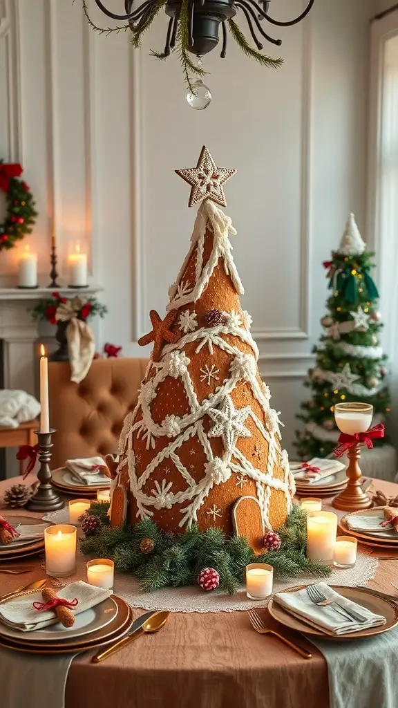 A gingerbread tree centerpiece on a holiday table, surrounded by candles and festive decorations.