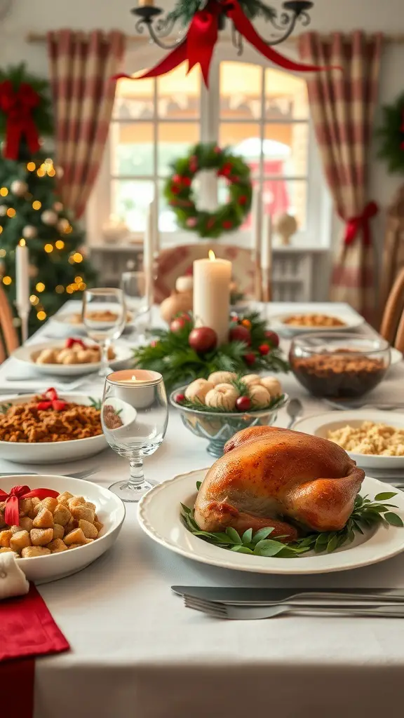 A beautifully set table for a traditional English Christmas dinner featuring a roast turkey and various side dishes.